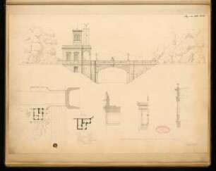 Fahrbrücke über eine tiefgelegte Eisenbahnstrecke mit Wärterhäuschen Monatskonkurrenz Dezember 1870: Lageplan mit Grundriss; Brücke: Aufriss Seitansicht, Teilquerschnitt; Wärterhaus: Grundriss Keller, Erdgeschoss, Details: Turmausschnitt, Fassadenvertikalschnit; Maßstabsleiste, Legende
