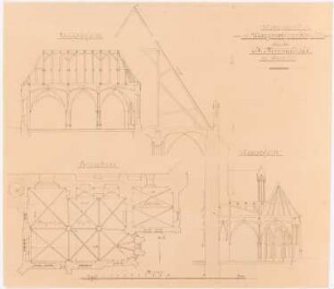 Margarethenkapelle in der Marienkirche, Prenzlau Wiederherstellung: Grundriss 1:100, Längsschnitt und Querschnitt 1:100