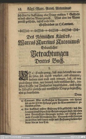 Des Römischen Käysers Marcus Aurelius Antonius Erbaulicher Betrachtungen. Drittes Buch
