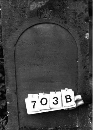 Grabstein 703 (Index: 100099644) Maße HxBxT: 175x59x12 cm Besonderheit: kulturhistorisch wertvoll / hist.-wiss. Gründe (Gemeindestellung): Grabstein 703B