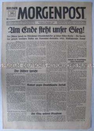Tageszeitung "Berliner Morgenpost" u.a. über eine Rede Hitlers im Bürgerbräukeller anlässlich des 20. Jahrestages des Hitler-Putsches