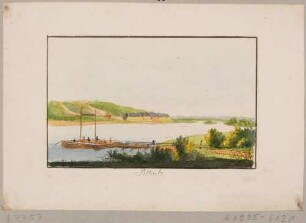 Die Elbfähre in Pillnitz bei Dresden, im Hintergrund das Schloss Pillnitz und der Borsberg
