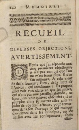Receuil De Diverses Objections. Avertissement.