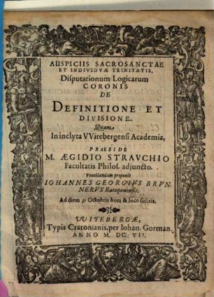 Disputationum Logicarum Coronis De Definitione Et Divisione