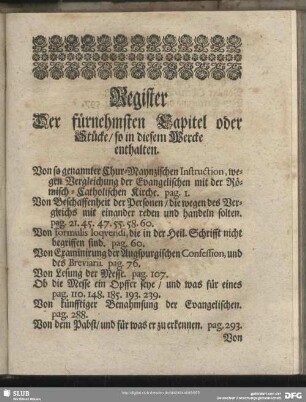 Register Der fürnehmsten Capitel oder Stücke, so in diesem Wercke enthalten