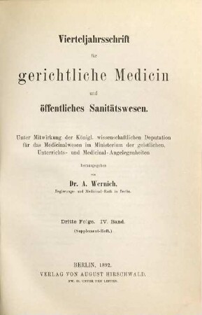 Vierteljahrsschrift für gerichtliche Medizin und öffentliches Sanitätswesen. 4. 1892. Supplement