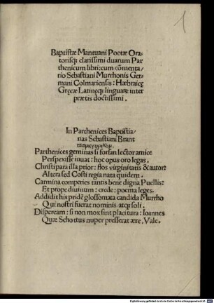 Baptistae Mantuani Poetae Oratorisq[ue] clarissimi duarum Parthenicum libri