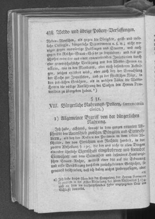 VIII. Bürgerliche Nahrungs=Policey.