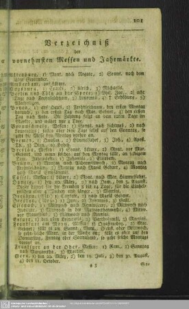 Verzeichniß der vornehmsten Messen und Jahrmärkte