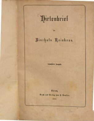 Hirtenbrief des Bischofs Reinkens