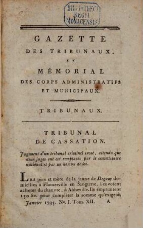 Gazette des tribunaux et mémorial des corps administratifs et municipaux, 12. 1795