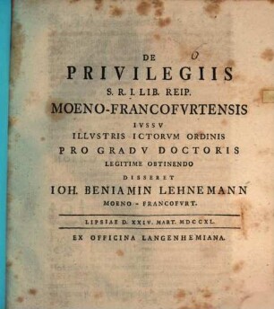 De privilegiis S. R. I. lib. reipublicae Moeno-Francofurtensis