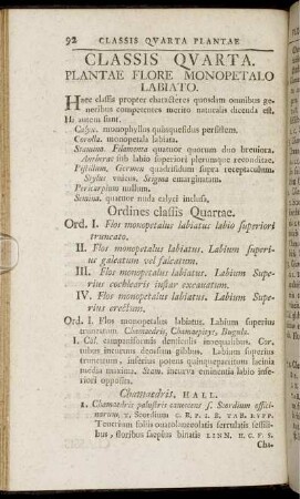 Classis Quarta. Plantae Flore Monopetalo Labiato.