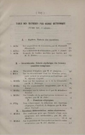 Table des matières par ordre méthodique (Tome XIV, 3° série).