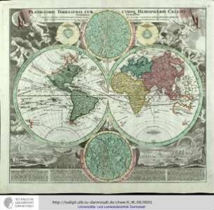 Planiglobii Terrestris Cum Utroq[ue] Hemisphaerio Caelesti Generalis Exhibitio ... publice proponit Io [Johann] Bapt[ist] Homann. Nürnberg, [ca. 1720]
