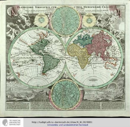 Planiglobii Terrestris Cum Utroq[ue] Hemisphaerio Caelesti Generalis Exhibitio ... publice proponit Io [Johann] Bapt[ist] Homann. Nürnberg, [ca. 1720]