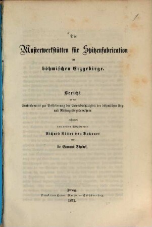 Die Musterwerkstätten für Spitzenfabrication im böhmischen Erzgebirge : Berichten das Centralcomité z. Beförd. der Erwerbsthätigkeit der böhm. Erg. u. Riesengebirgsbewohner erstattet von dessen Mitgliedern Richard Ritter von Dotzauer und Edmund Schebek