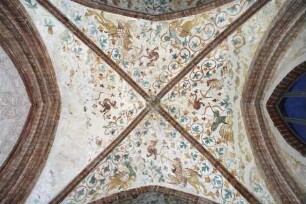 Gewölbebilder mit Drolerien, Ranken- und Laubwerk — Fabelwesen mit Pfeil und Bogen und Armbrust, Ranken- und Laubwerk