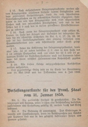 Verfassungsurkunde für den Preuß. Staat vom 31. Januar 1850