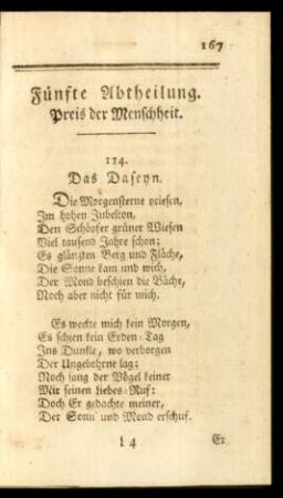 Fünfte Abtheilung. Preis der Menschheit.