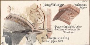 Steinegg Burg Steinegg Malereien im Archiv an Türnischenumrahmung vor der Tür gegen Nord und Bogenscheitelstück eines Gurtbogens zwischen den Gewölben