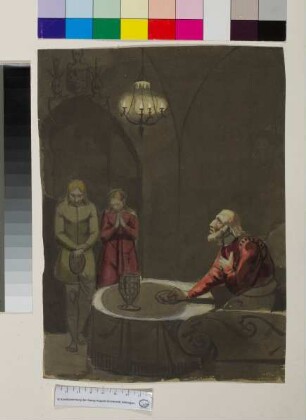 Bertha und Otto entschuldigen sich bei Sir Hugh für ihre Verspätung, Illustration zu Fouqués "Zauberring"