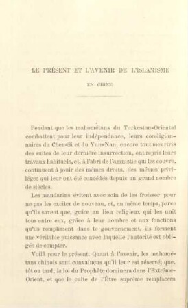 Le présent et l'avenir de l'Islamisme en Chine