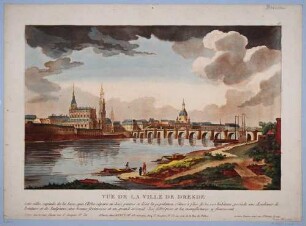 Stadtansicht von Dresden, seitenverkehrt, Blick von Westen über die Elbe auf Augustusbrücke und Altstadt