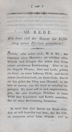 XII. Rede. Wie kann sich der Maurer die Erfüllung seiner Pflichten erleichtern?