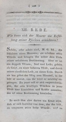 XII. Rede. Wie kann sich der Maurer die Erfüllung seiner Pflichten erleichtern?
