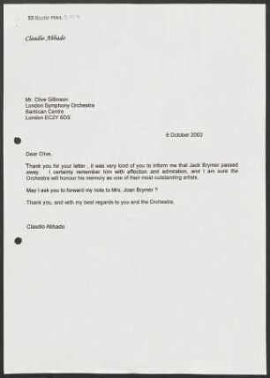Brief an Clive Gillinson an London Symphony Orchestra, 06.10.2003