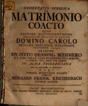 Diss. iur. de matrimonio coacto
