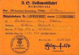 Mitgliedskarte der NS-Volkswohlfahrt für Franz Heidelmann