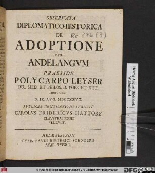 Observata Diplomatico-Historica De Adoptione Per Andelangvm