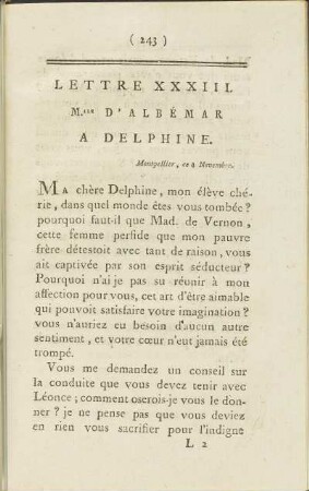 Lettre XXXIII. Mlle d' Albémar à Delphine, Montpellier ce 4 Novembre.
