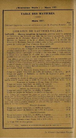Table des matières. Mars 1887.