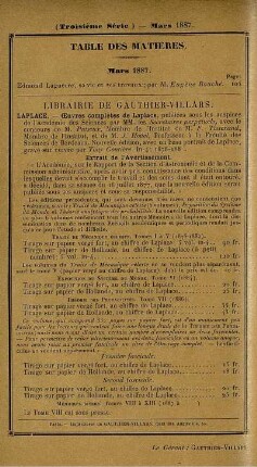Table des matières. Mars 1887.
