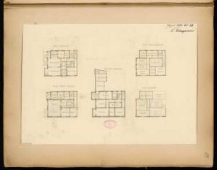 Wohnhaus für F. Pabst, Saarbrücken-St. Johann Monatskonkurrenz April 1883: Grundriss Keller, Erdgeschoss, 1. und 2. Obergeschoss, Dachgeschoss; Maßstabsleiste