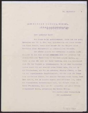 Schreiben an den Architekten Alfred Lorenz, Charlottenburg (Brief)