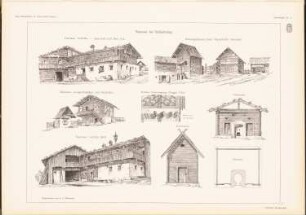 Häuser bei Schladming: Grundriss, Perspektivische Ansichten, Ansichten, Details (aus: Das Bauernhaus in Österreich-Ungarn, hrsg.v. Ingenieur- und Architektenverein, 1906)