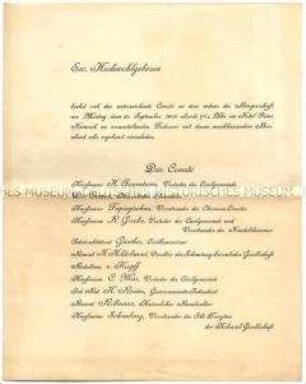 Einladungsschreiben für ein Festessen mit anschließendem Bierabend der Bürgerschaft Tsingtaus am 24. September 1906 während der parlamentarischen Studienreise nach Ostasien des Reichstagsabgeordneten Dr. Georg Lucas