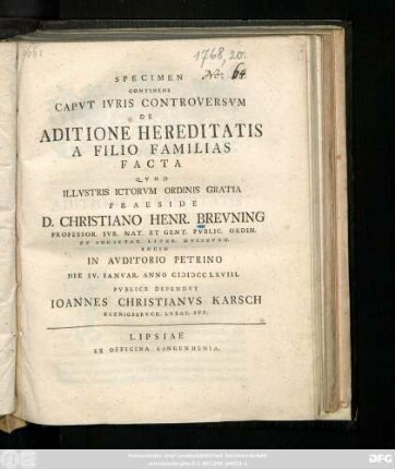 Specimen Continens Capvt Ivris Controversvm De Aditione Hereditatis A Filio Familias Facta