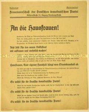 Programmatischer Wahlaufruf des Frauenausschusses der DDP an die Hausfrauen zur Wahl der Nationalversammlung