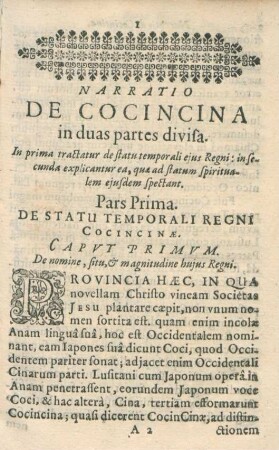 Narratio De Cocincina in duas partes divisa.