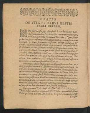 Oratio De Vita Et Rebus Gestis Pauli Crellii.