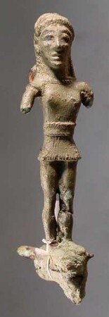 Etruskischer Griff in Form einer Figur unbestimmten Geschlechts auf einem Stier