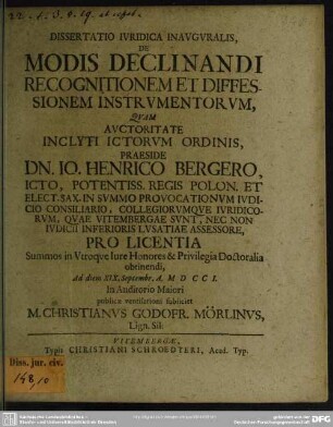 Dissertatio Iuridica Inauguralis, De Modis Declinandi Recognitionem Et Diffessionem Instrumentorum