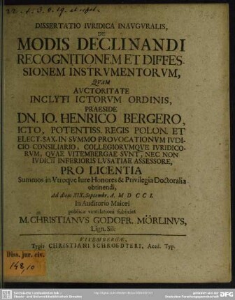 Dissertatio Iuridica Inauguralis, De Modis Declinandi Recognitionem Et Diffessionem Instrumentorum