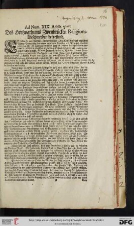 Ad Num. XIX. Addit. 3tium. Des Hertzogthums Zweybrücken Religions-Beschwerden betreffend