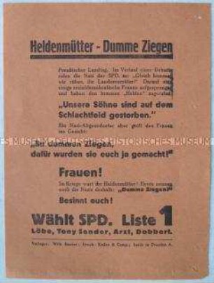 Handzettel der SPD gegen die Beleidigung deutscher Mütter, deren Söhne 1. Weltkrieg gefallen sind, durch einen NSDAP-Abgeordneten